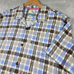 Tommy Bahama Shirt Mens XL Island Modern Fit Silk Blend Camp Shirt Blue Checked